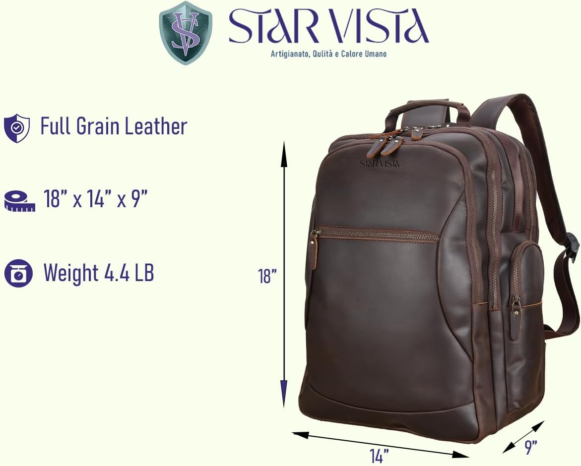 STAR VISTA Nettuno 17.3" X-Large Vintage Travel Leather Laptop Backpack for Men, Multi Pockets, Casual Outdoor Business Rucksack, 32L Capacity, YKK Zippers