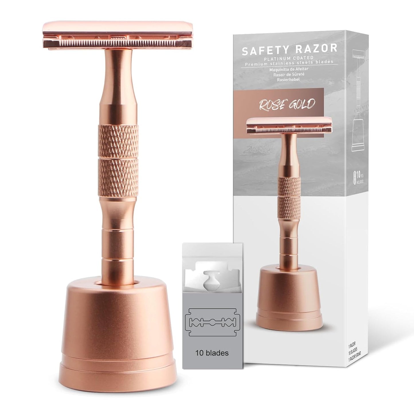 Rose Gold Double Edge Safety Razor with Stand, Single Blade Razors for Women and Men, Reusable Metal Razor, with 10 Double Edge Blades, Smooth & Close Shave, Plastic Free