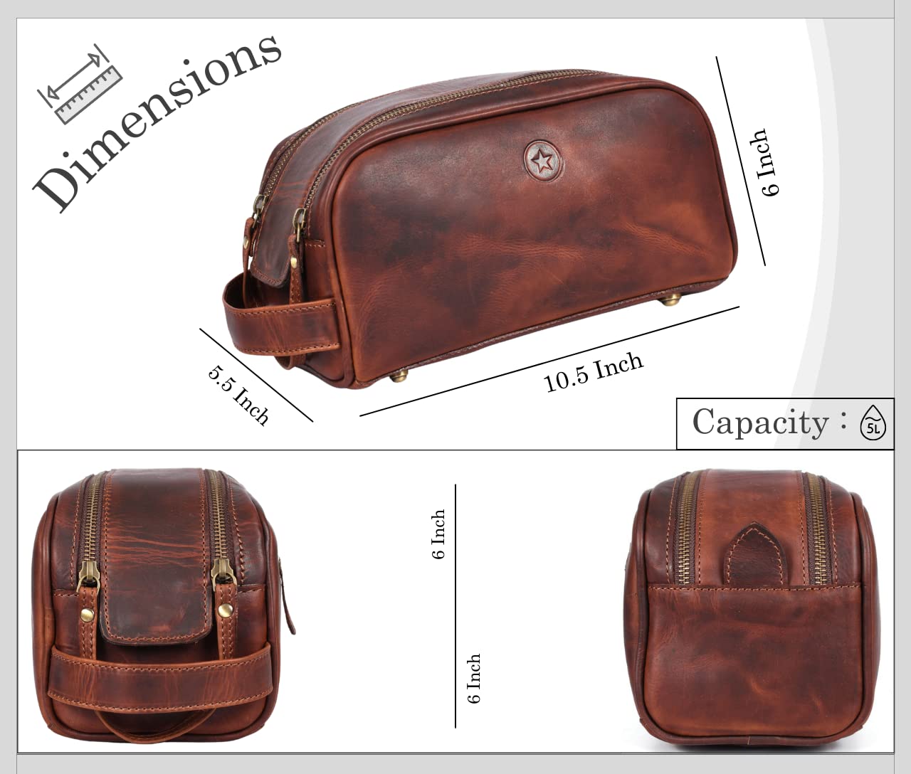 Leather Toiletry Bag for Men | Grooming Travel Kit | With Waterproof Lining | By Aaron Leather (Dark Brown)