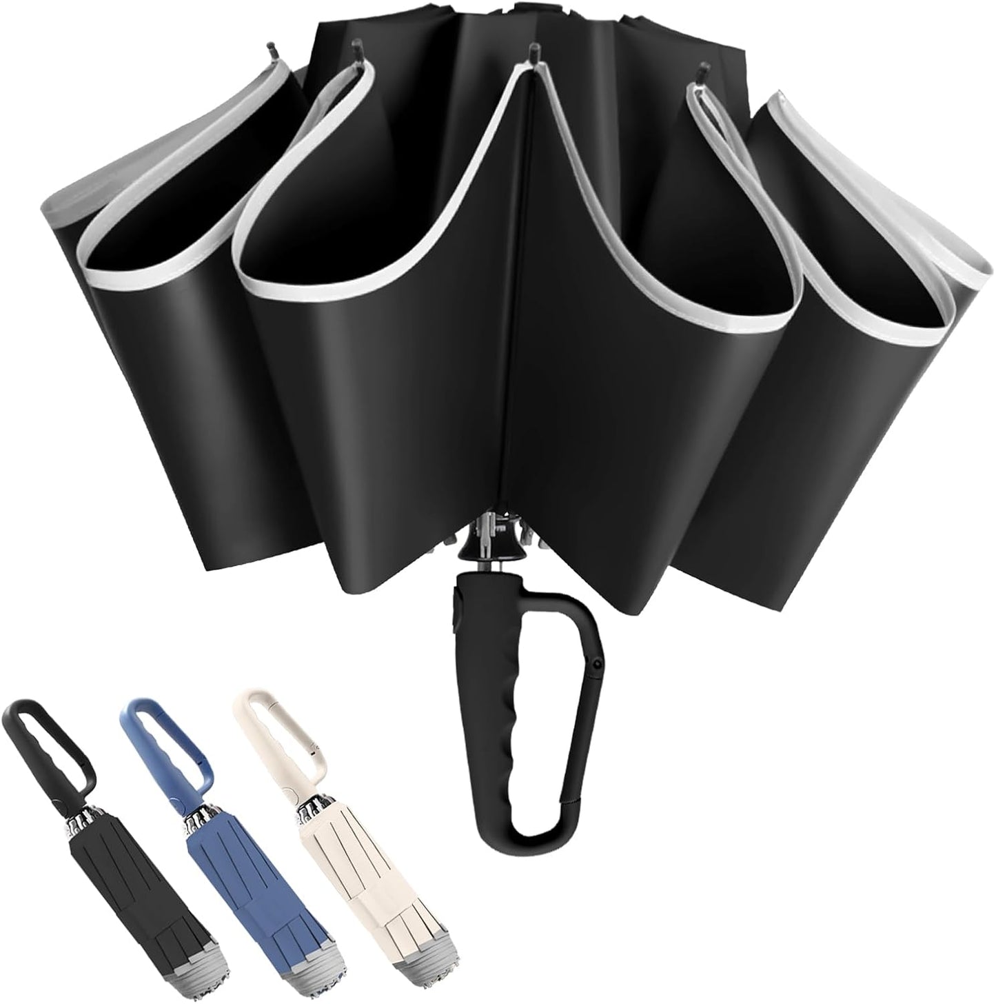 50in Inverted Folding Travel Umbrella – Windproof 10Ribs Upside Down Umbrella with Carabiner Handle, Rain Sun Protection for Women Men (Black)