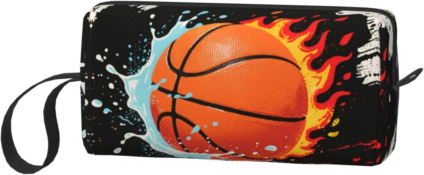 Flame & Splash Basketball Makeup Bag Small Compact & Durable Travel Cosmetic Bag Organizer Oxford Fabric Impact-Resistant Multi-Purpose Storage Perfect for Travel, Gym, Daily Use