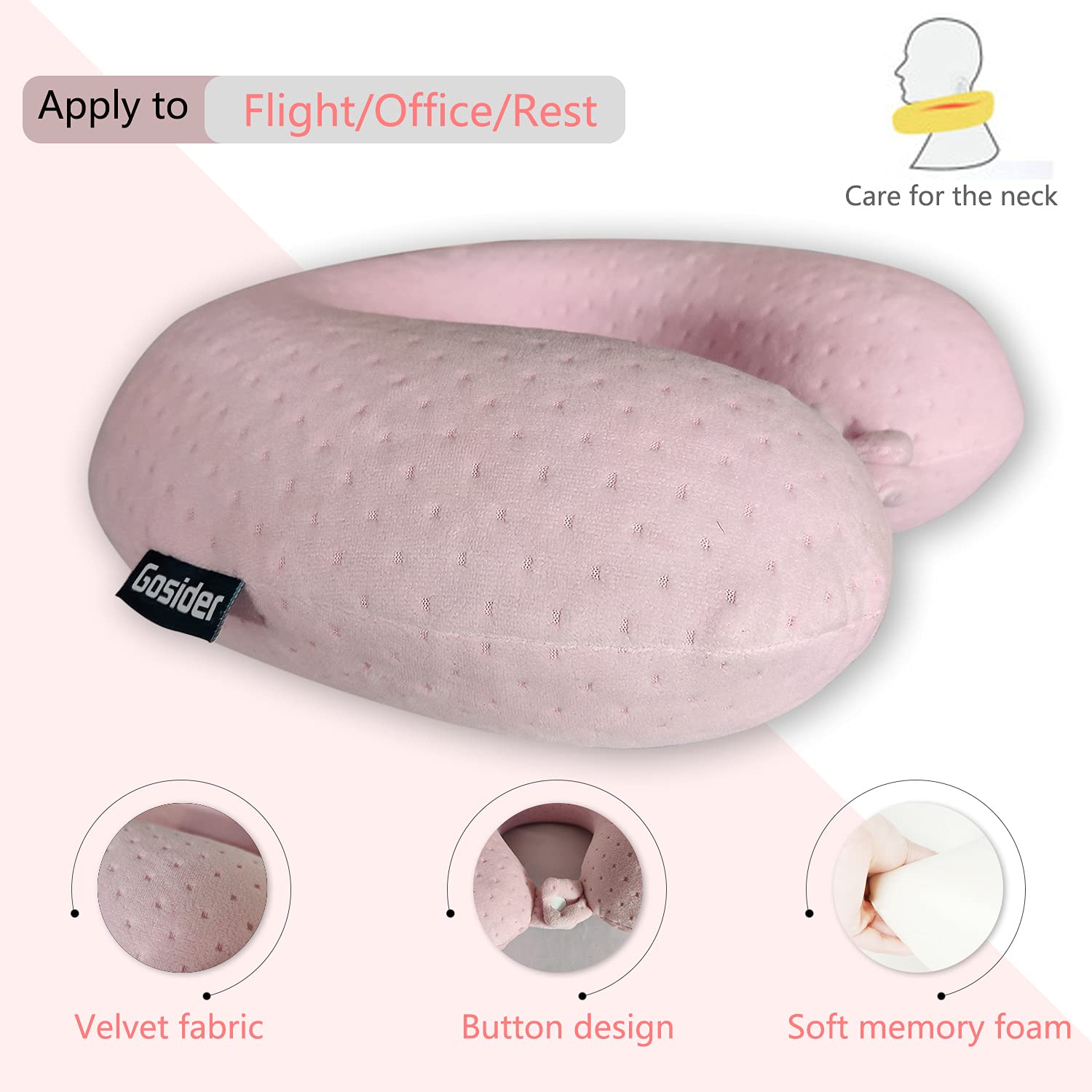 Gosider Neck Pillows for Sleeping Travel Pink Travel Pillow Comfortable U Shape Memory Foam Pillows