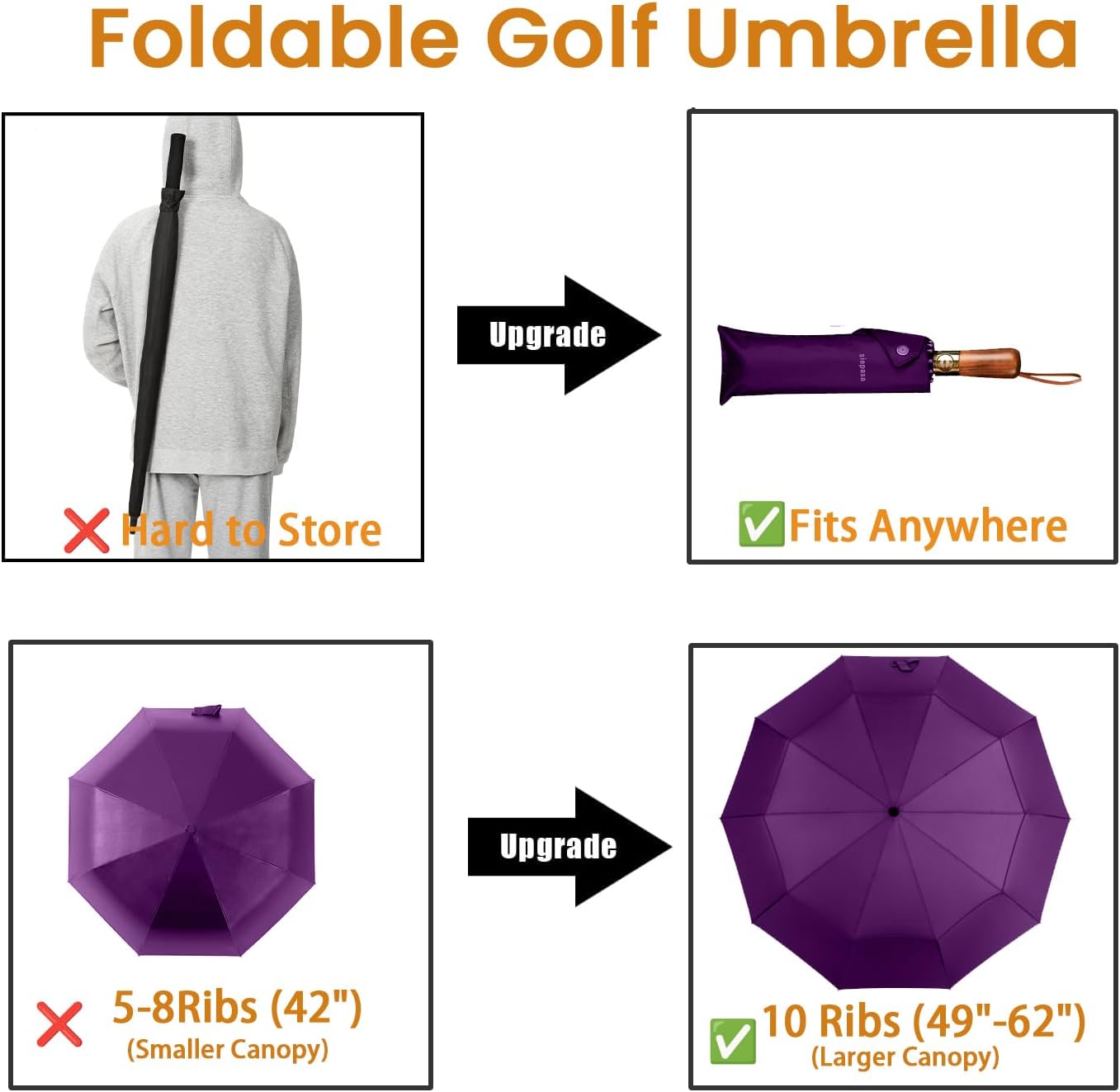 SIEPASA 49/54/62 Inch Windproof Golf Umbrella - Automatic Open/Close, Real Wood Handle - Large Folding Travel Umbrella for Wind, Rain & Sun Protection.