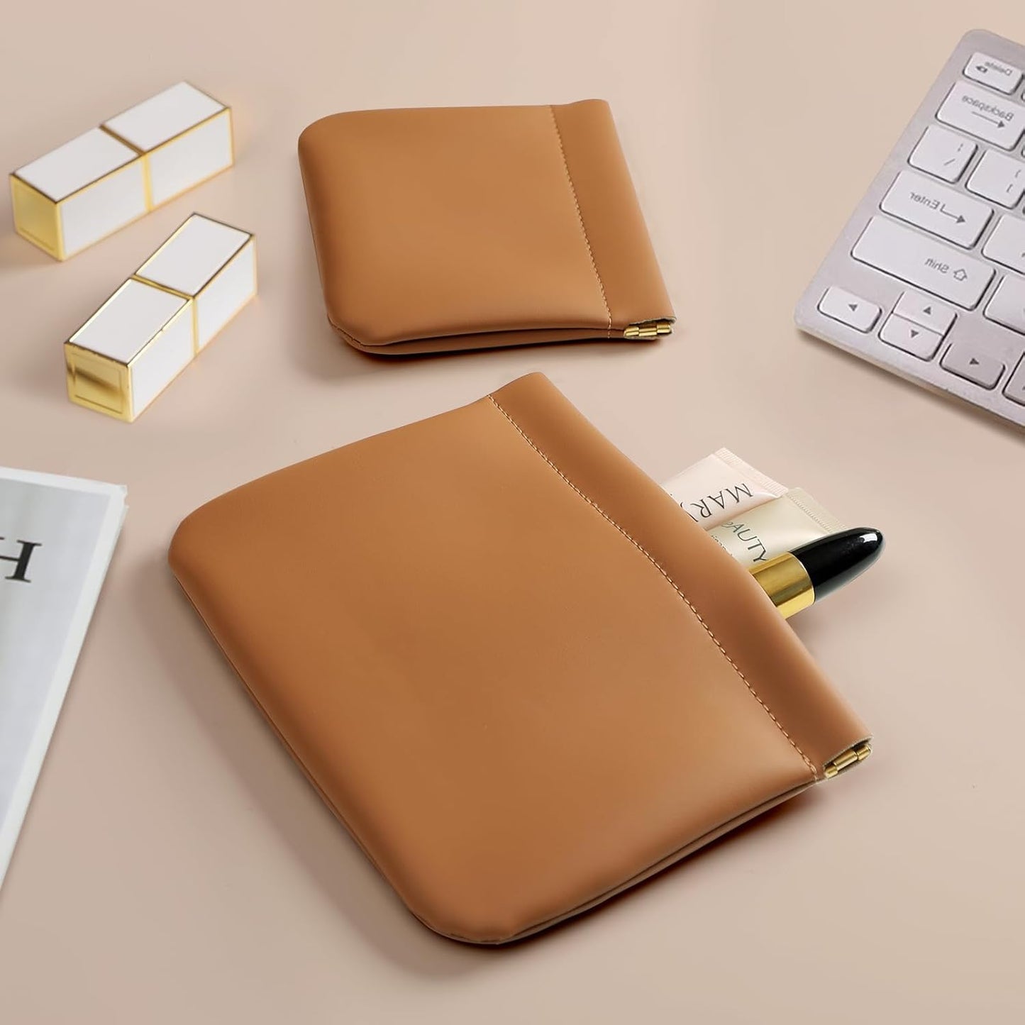 2 Pack Small Makeup Bag for Women, New Organosilicon Super Fiber Leather Mini Cosmetic Bag for Travel, Coin Purse Organizer Storage Pouch (Brown)
