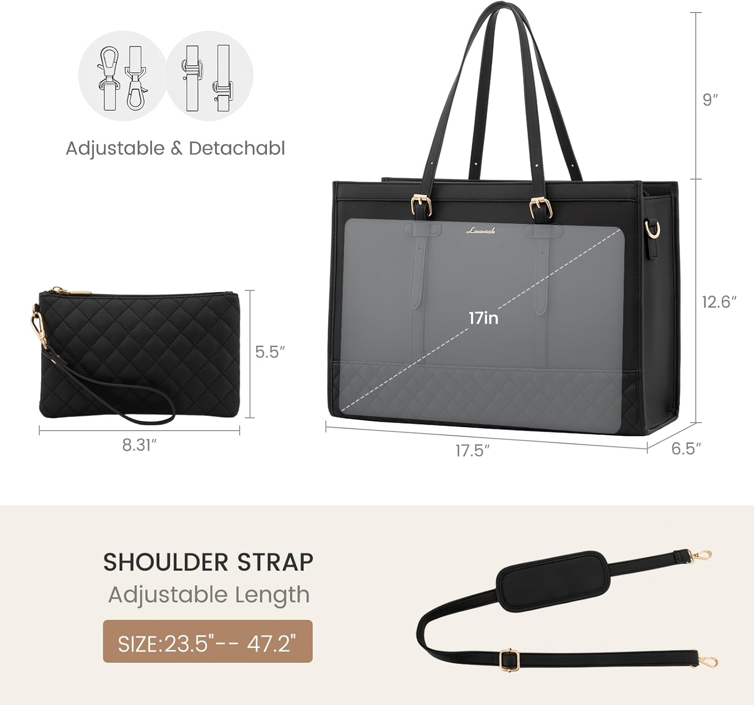 LOVEVOOK Laptop Tote for Women, 17.3 inch Waterproof PU Leather Computer Bag, Large Capacity Work