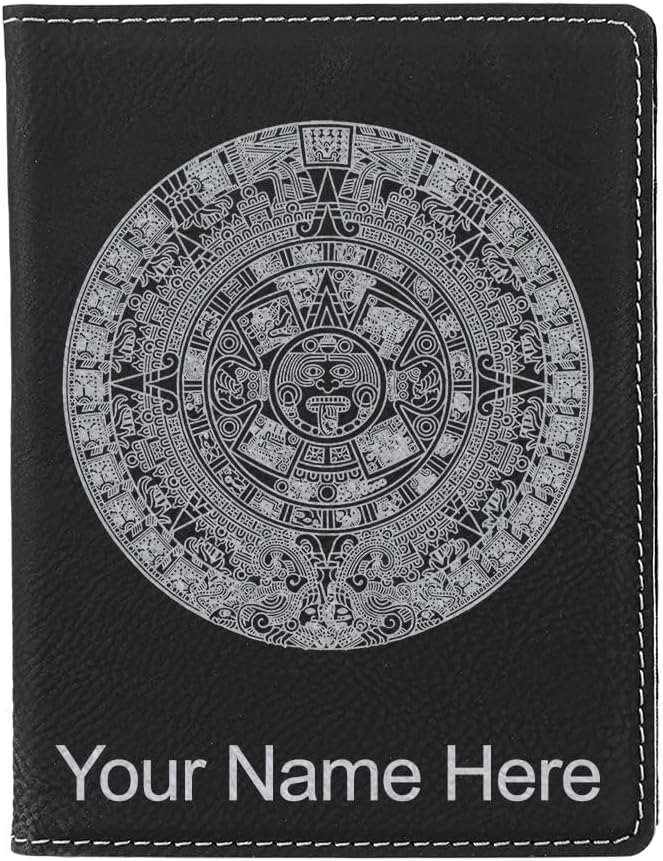 LaserGram Faux Leather Passport Holder, Aztec Calendar, Personalized Engraving Included (Black with Silver)