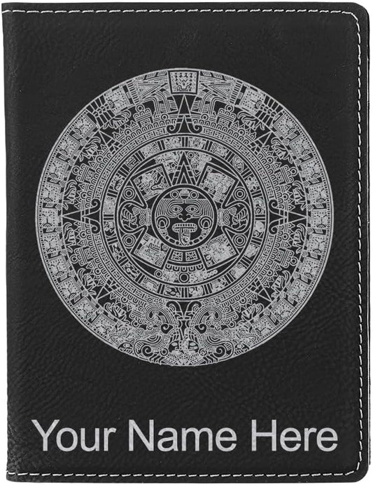 LaserGram Faux Leather Passport Holder, Aztec Calendar, Personalized Engraving Included (Black with Silver)