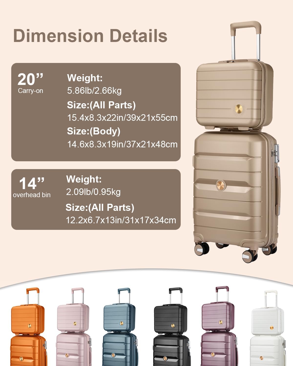 Somago 20 Inch Carry On Luggage Sets Hardside Suitcase with Double Spinner Wheels and TSA Lock YKK Zipper (Noble Golden,14/20)