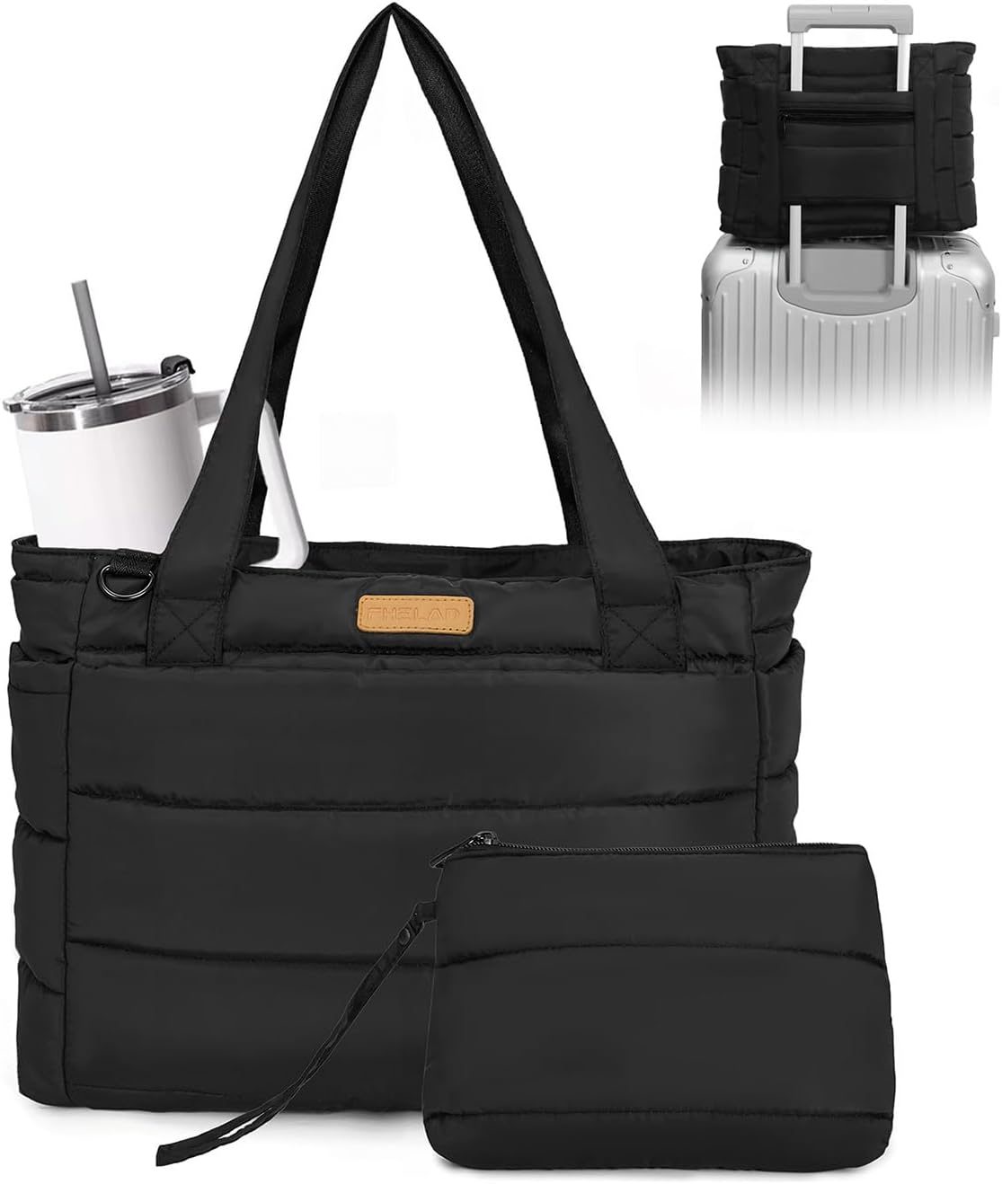 Tote Bag for Women, Quilted Puffer Work Bag for Nurse with 16" Laptop Pocket, Puffy Travel Shoulder Bag for School Gym