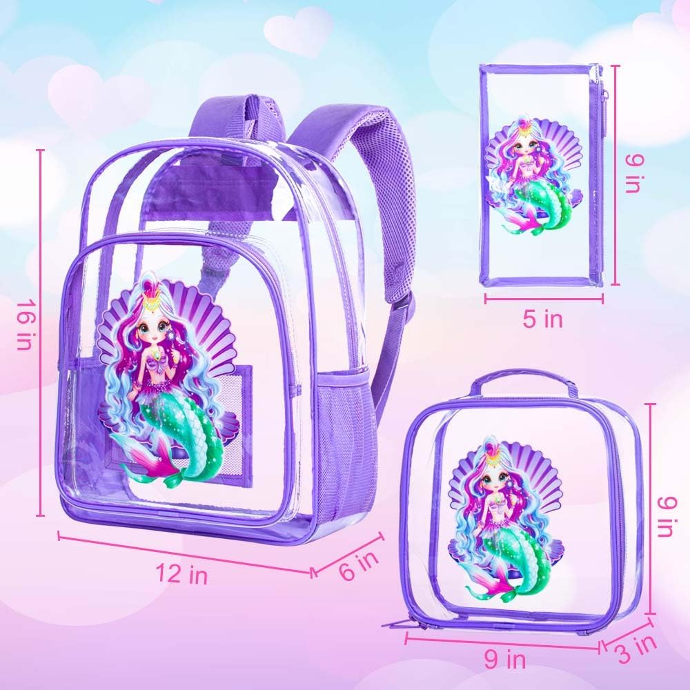 Clear Backpack for Girls and Boys, Kids Transparent Bookbag, 3PCS Cute See Through School Bag for Elementary Prechool