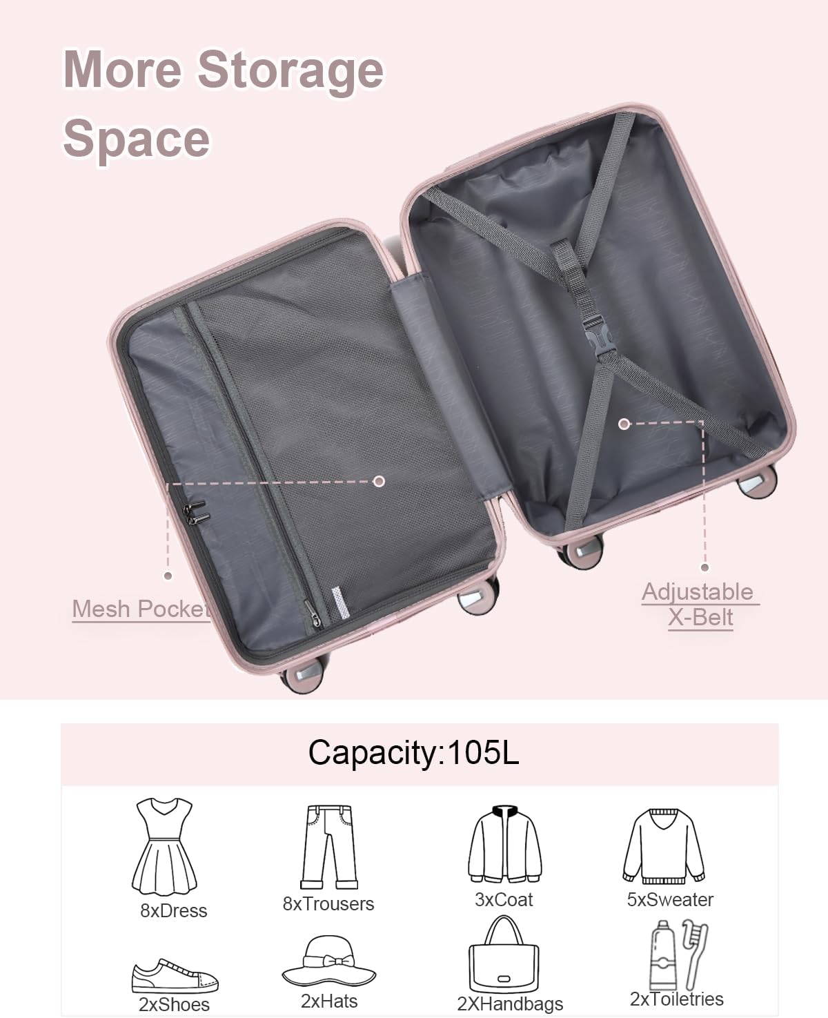 Somago 28 Inch Luggage With Spinner Wheels Hard Shell Polypropylene Suitcase with TSA Lock and YKK Zipper,Nude Pink