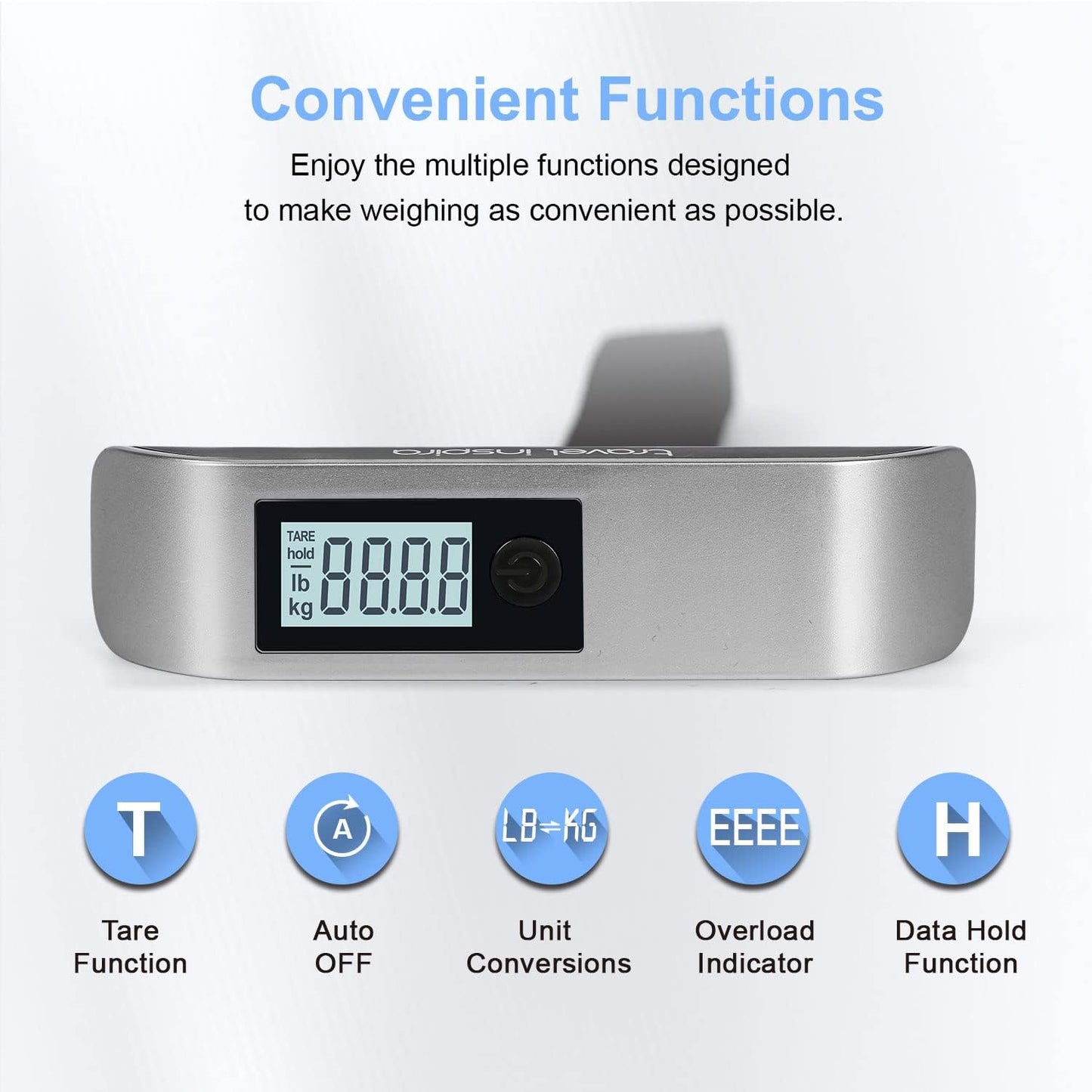 travel inspira Luggage Scale, Portable Digital Hanging Baggage Scale for Travel, Suitcase Weight Scale with Rubber Paint, 110 Pounds, Battery Included