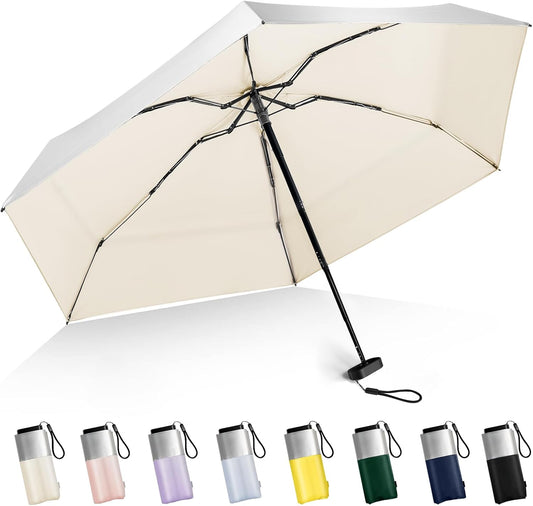 LEAGERA Mini Umbrella For Purse - UPF 50+ UV Blocker Sun Protection Umbrella, Small Micro Travel Parasol Design for Women, Beige
