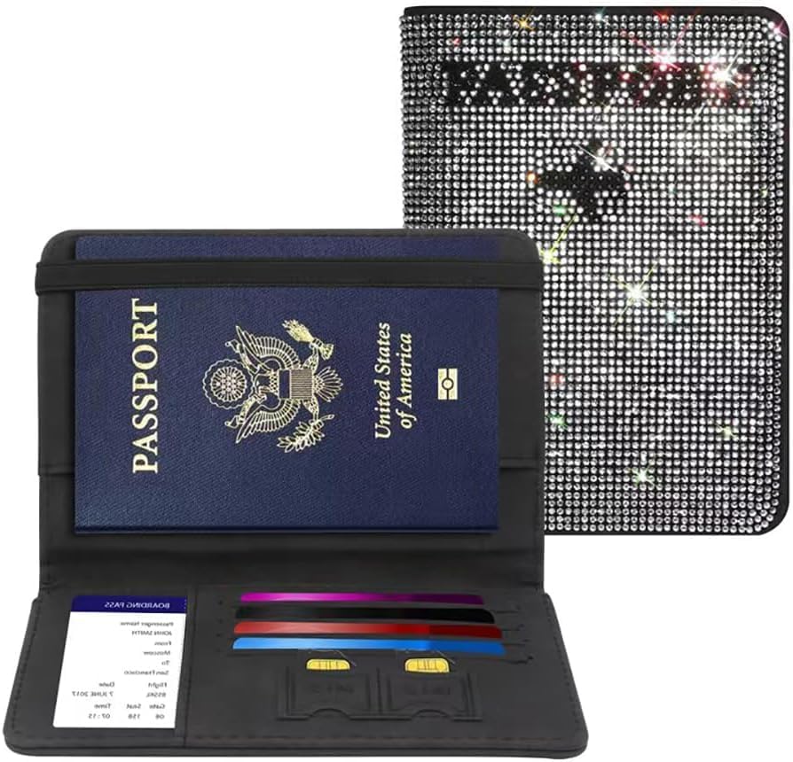 Genuine Leather Wallet Passport Holder for Men and Women Travel Organizer with Bling Rhinestone Design Elegant and Stylish (Grey)