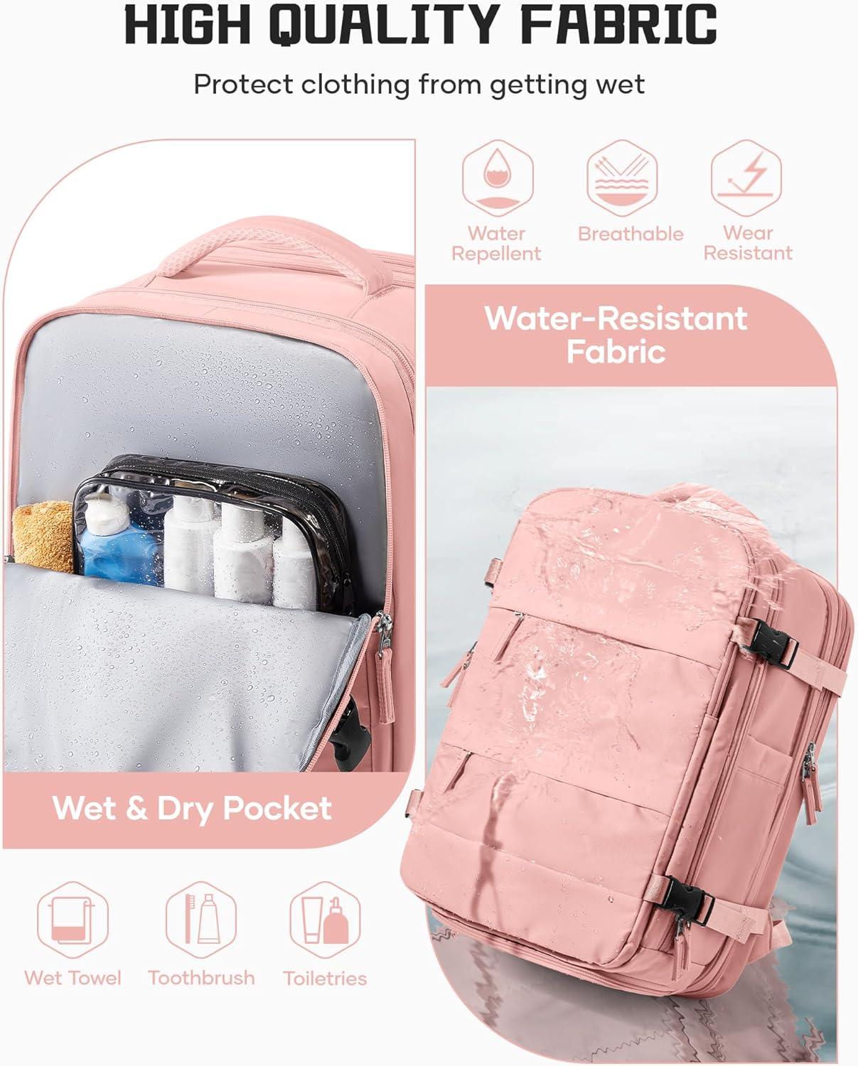 Vacuum Compression Travel Backpack with Electric Pump, Expandable Carry-On Size, Airline Approved Under Seat Bag, Laptop Compartment & USB Charging, Pink