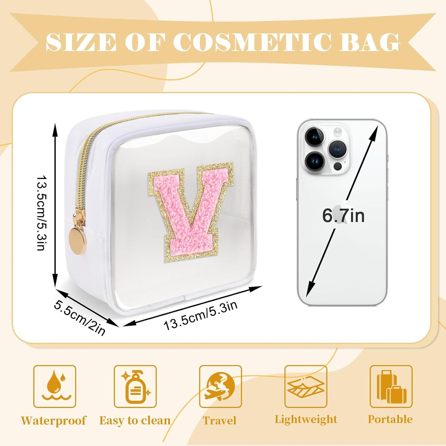 Personalized Initial Letter Clear Preppy Makeup Bag,Mini Nylon Chenille Letter Cosmetic Bag Cute Zipper Pouch Purse for Teen Girls,Portable TSA Approved Beach Travel Essentials Bag Gift for Women,V
