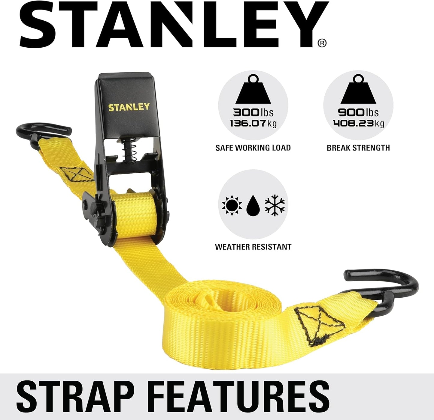STANLEY S9500 Black/Yellow 1" x 10' Ratchet Straps - Light Cargo (300 lb Working Load / 900 lb Break Strength), 4 Pack