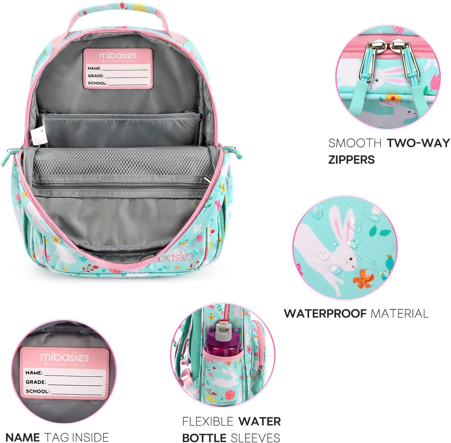 mibasies Girls Backpack 5-8: Lightweight Kids Backpacks for Girls - Girl Bookbag for Elementary School - Rabbit