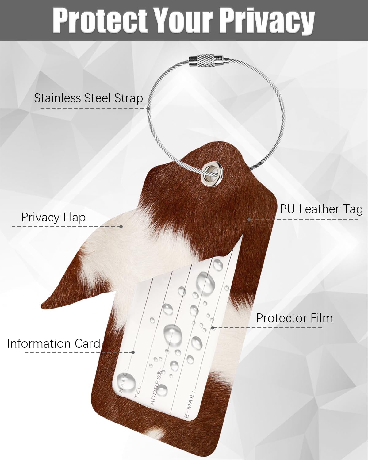 2 Pack Luggage Tags for Suitcase, Cow Hide Brown Leather Suitcase Tags Cruise Ship with Privacy Cover and Double Metal Loop for Women Men Girls Boys Travel Baggage Bag Backpack Tags, Cow Printed