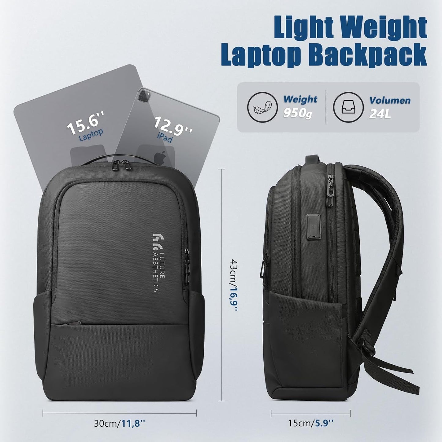hk Backpack for Men Business Backpack with USB Charger Anti-Theft Mens Backpacks Water-Resistant 15.6 Inch Laptop Backpack Lightweight Casual Bag for Business Travel Office Work College, Black