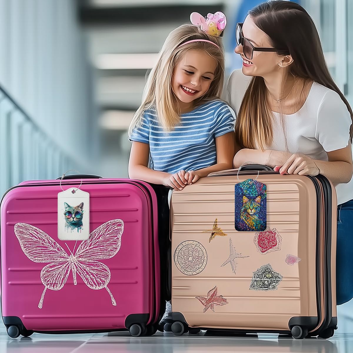 2 PCs Cat Stuff Luggage Tag, Suitcase Tags with Privacy Flap and Metal Loop, Luggage Tags for Suitcases, Identifiers Travel Essentials Bag Tag, Cat Lovers Gifts for Women Girls Friends Sister