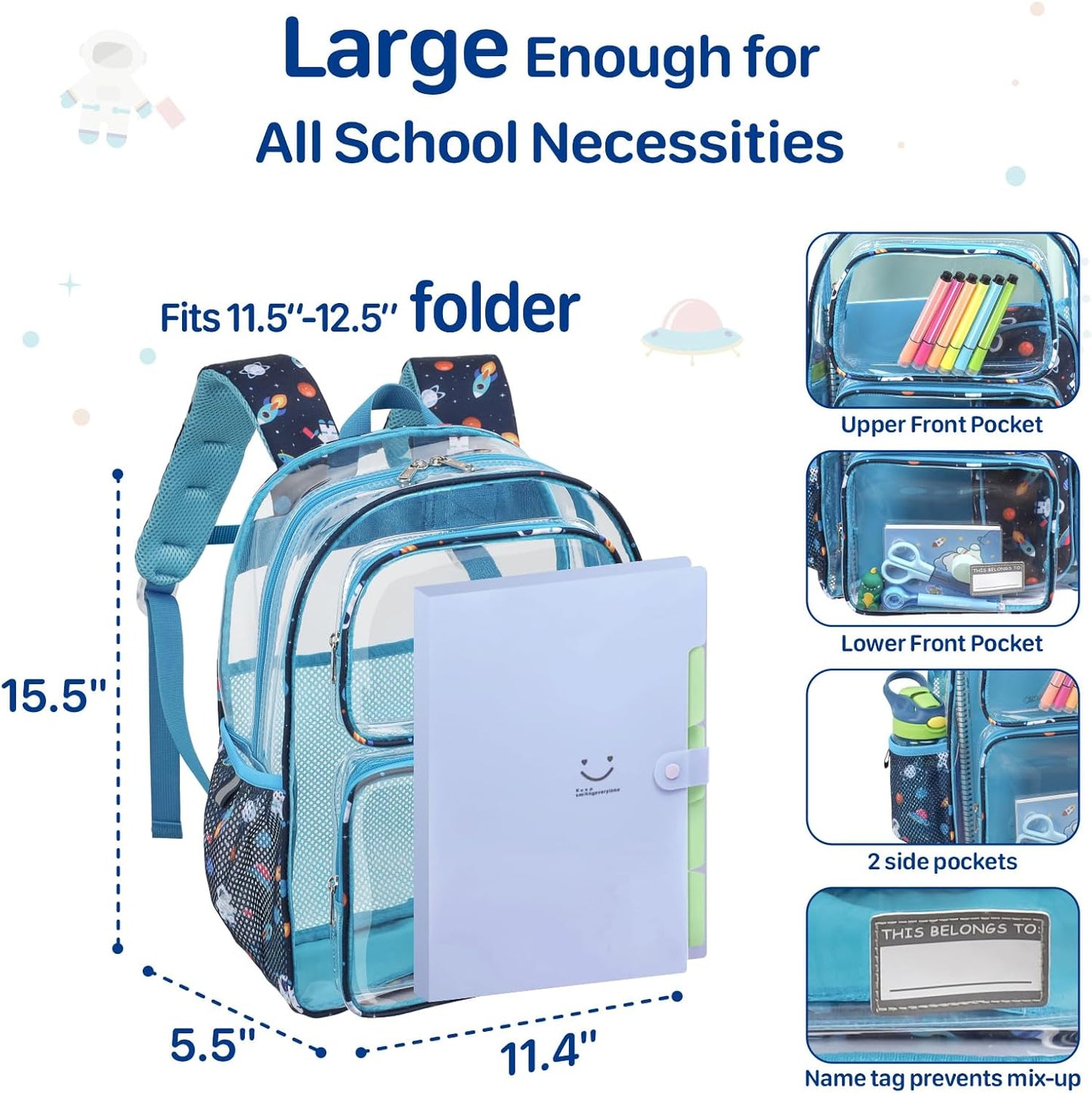 Bagseri 3pcs Clear Backpack for Boys - 15 Inch Backpack and Lunch Bag and Pencil Case Set, Heavy Duty Transparent Bookbag for School, See Through Bag for Kids Aged 3 to 8, Navy Space