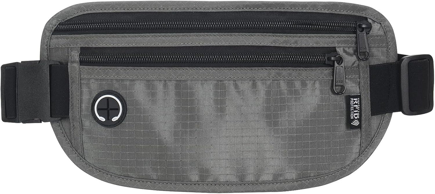 Slim RFID Blocking Money Belt for Travel - Anti-Theft Hidden Passport Holder Waist Wallet with Secure Pouch for Cash, Credit Cards & Phone Safe (Grey)