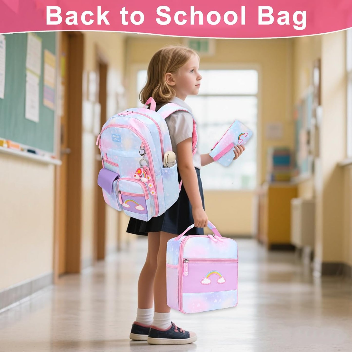 Girls Backpack Set 3 IN 1,Cute Rainbow Kids Backpack with Insulated Lunch Box Pen Case Set Student School bag(Blue-3 pieces set)