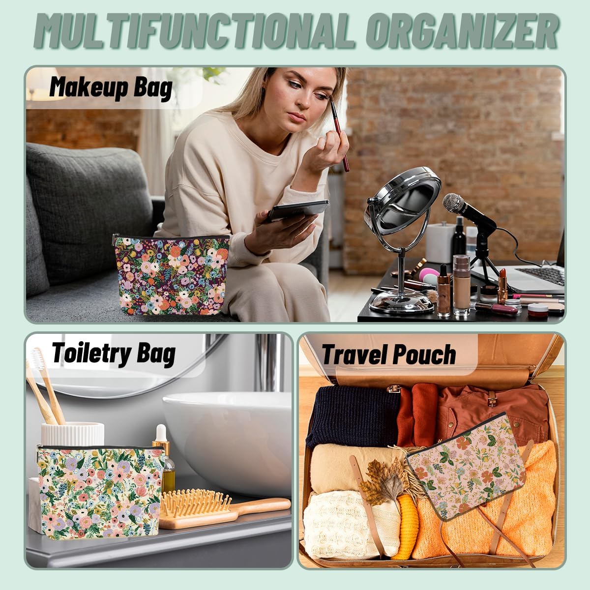 4PCS Aesthetic Floral Makeup Bags for Women, Cute Flower Aesthetic Cosmetic Bag, Coquette Travel Toiletry Bag, Portable Zipper Pouch Cosmetics Pouch Gifts for Women Girls Friends