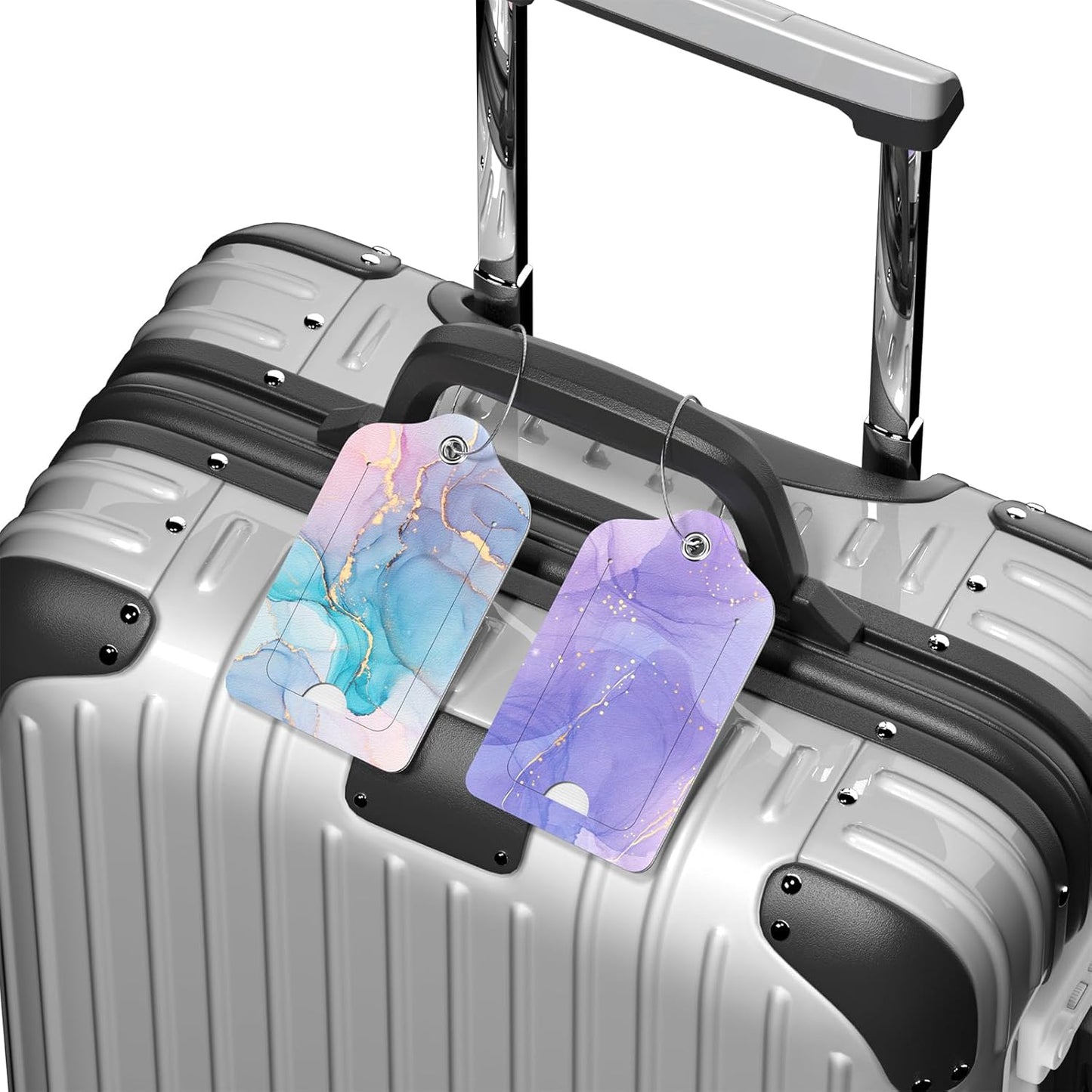 2 Pack PU Leather Luggage Tags for Suitcase, Travel Cruise Luggage Tag with Privacy Flap, Name ID Label and Metal Loop for Women Men Baggage Handbag School Bag Backpack, Colorful Marble