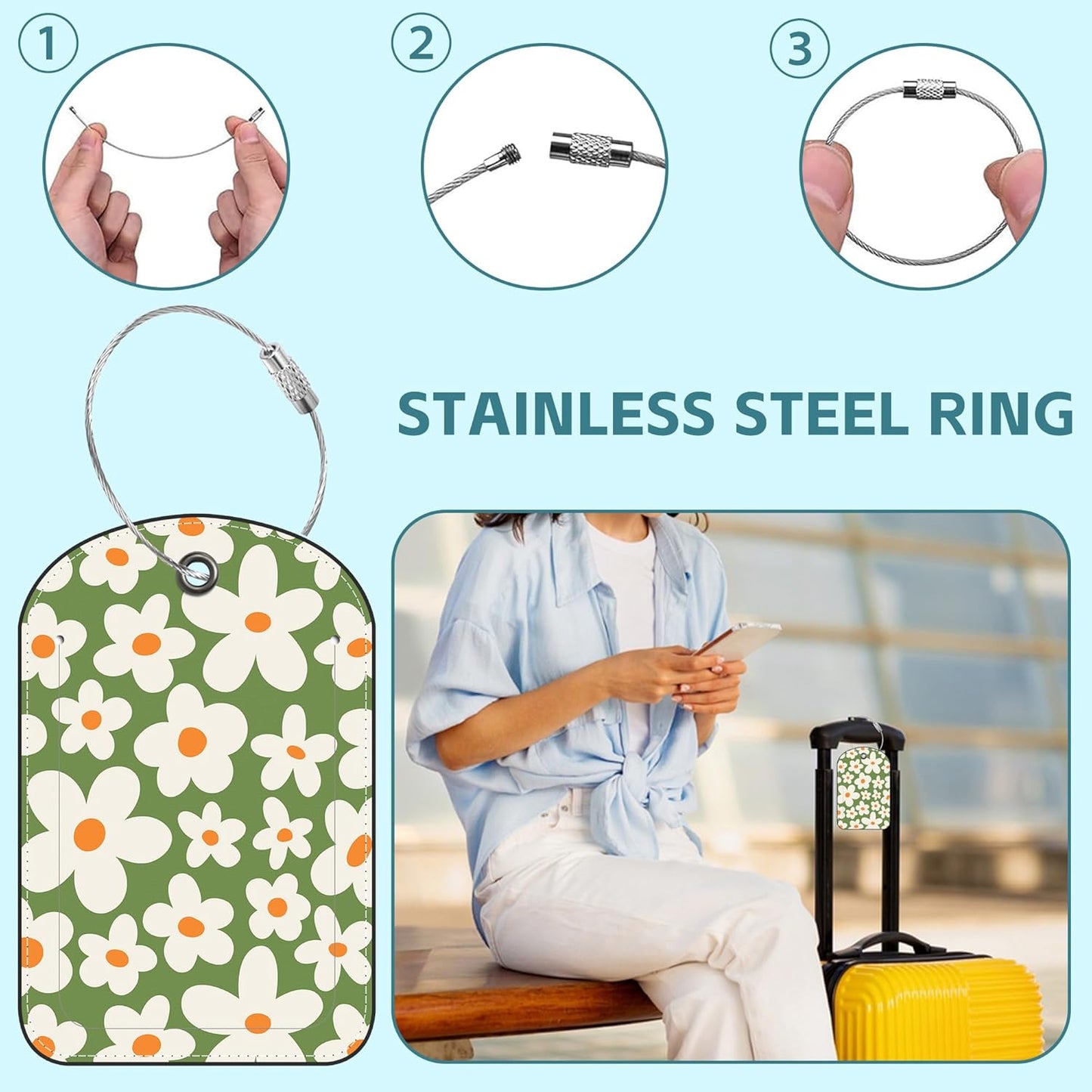2 Pack Cute Luggage Tag for Suitcases Vintage Flowers Leather Luggage Tags with Stainless Steel Loop Privacy Flap Name Tags,Men and Women Travel Bag Suitcase Tags