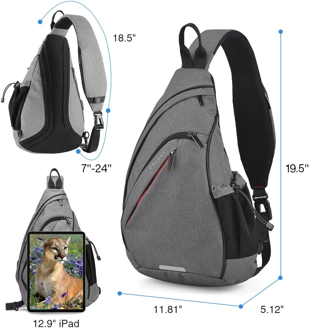 mixi Sling Bag Men Backpack Unisex One Shoulder Bag Hiking Travel Backpack Crossbody with USB Port