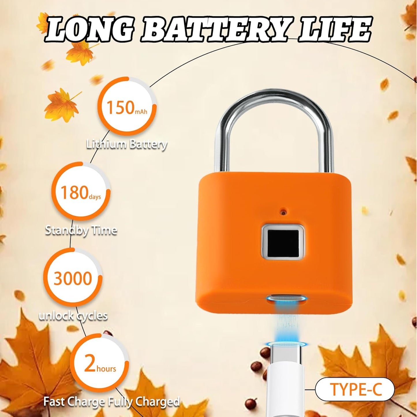 UMIKSMART Padlock, Keyless Fingerprint Padlock with USB Charging, Gym Lockers, School Lockers, Luggage, Storage Boxes, Cabinets, Backpack, Thanksgiving Gifts (Maple Leaf Orange)