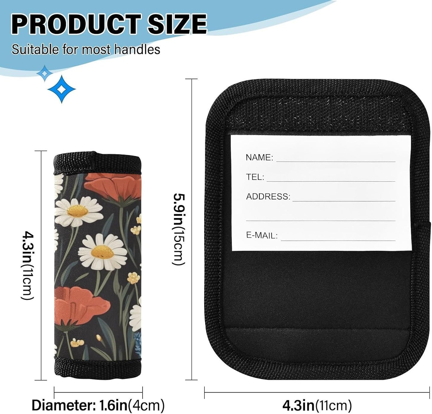Poppy and Daisy Flowers Black 4 Pack Luggage Handle Wraps Covers for Suitcase Identifiers Bag Tags Travel Accessories