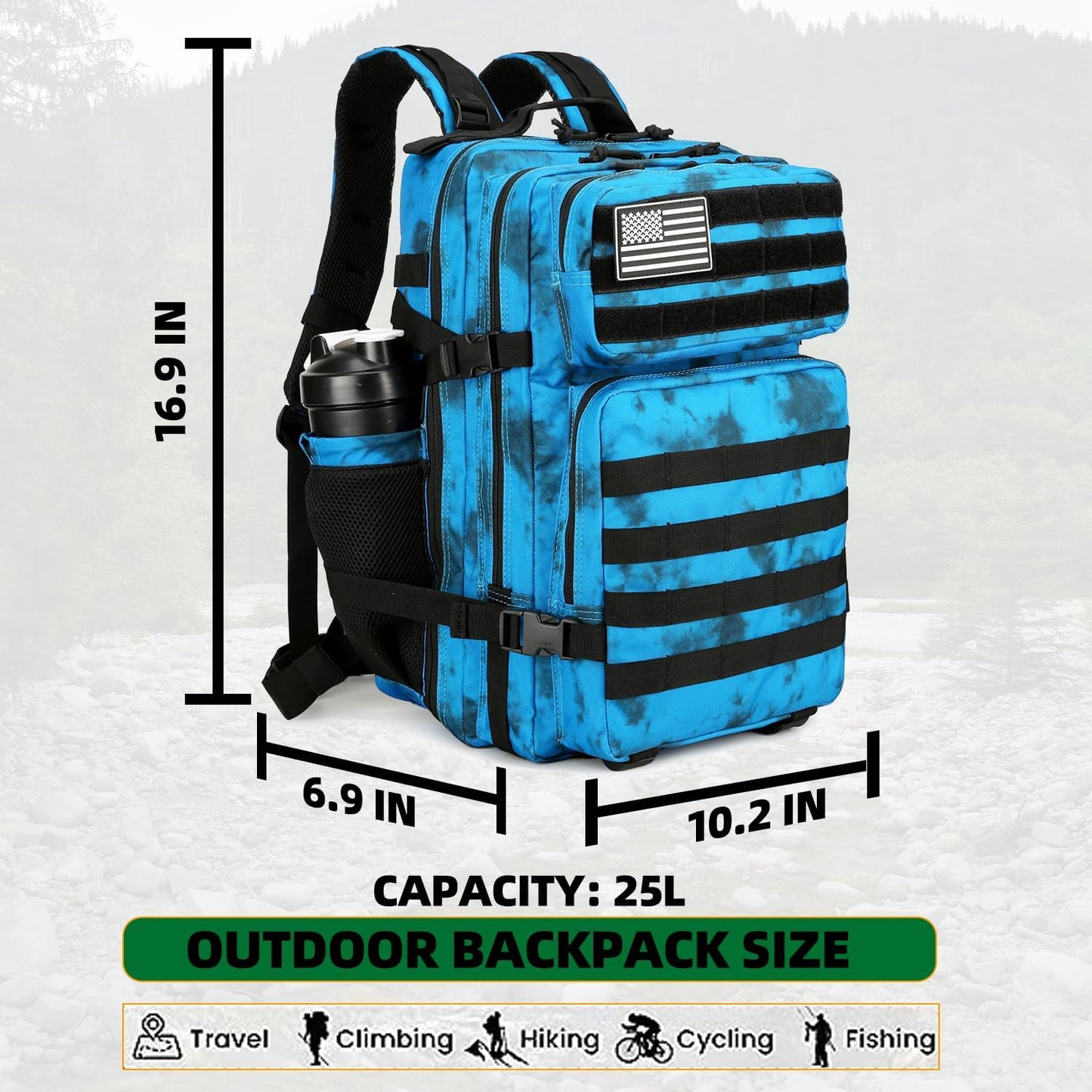 25L Tactical Backpack Military Tactical Backpack for Men and Women Small Assault Pack Outdoor Travel Hiking Camping Rucksack with Molle Webbing (Blue Water Pattern)
