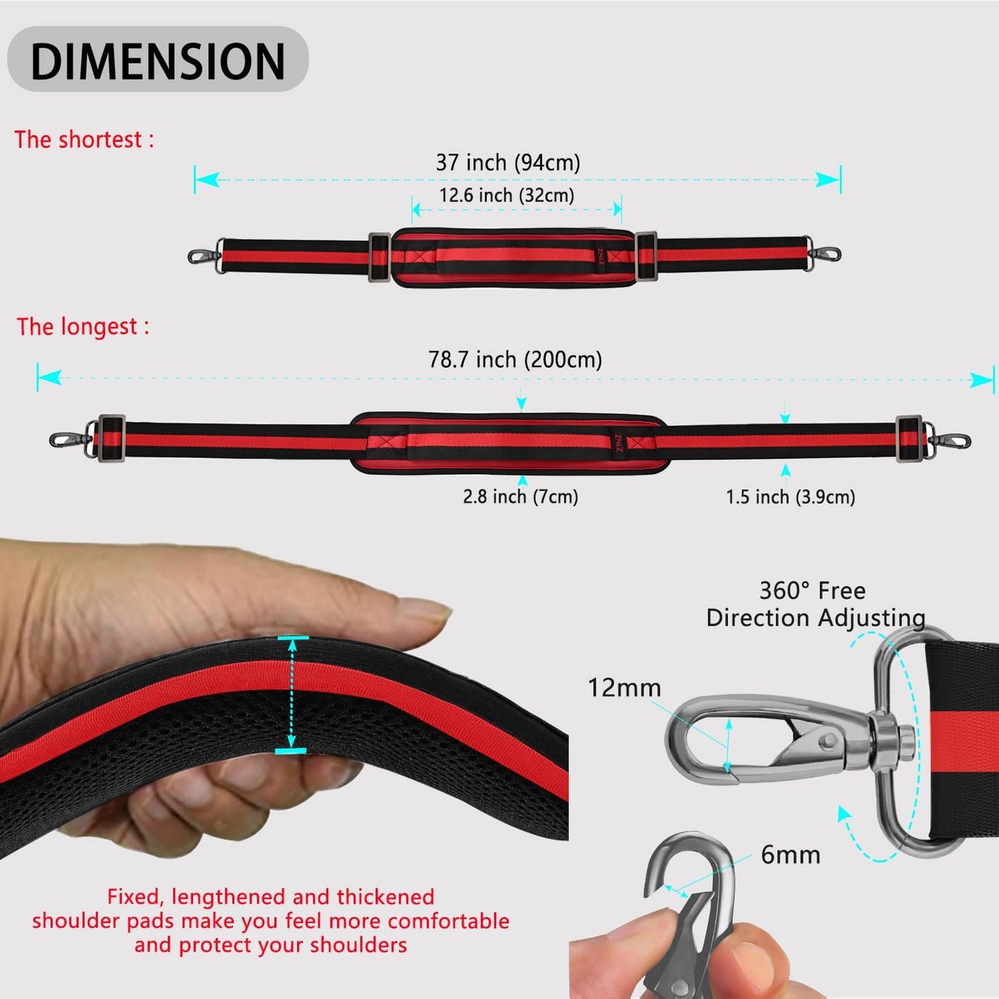 ZINZ 79 inch Shoulder Strap, Extra-thick Fixed Cushion Pad and Dual Clasps Universal Replacement Strap with Metal Swivel Hooks for Laptop Bags, Luggage Bags, Camera, Crossbody(Stripes-BkRBk)