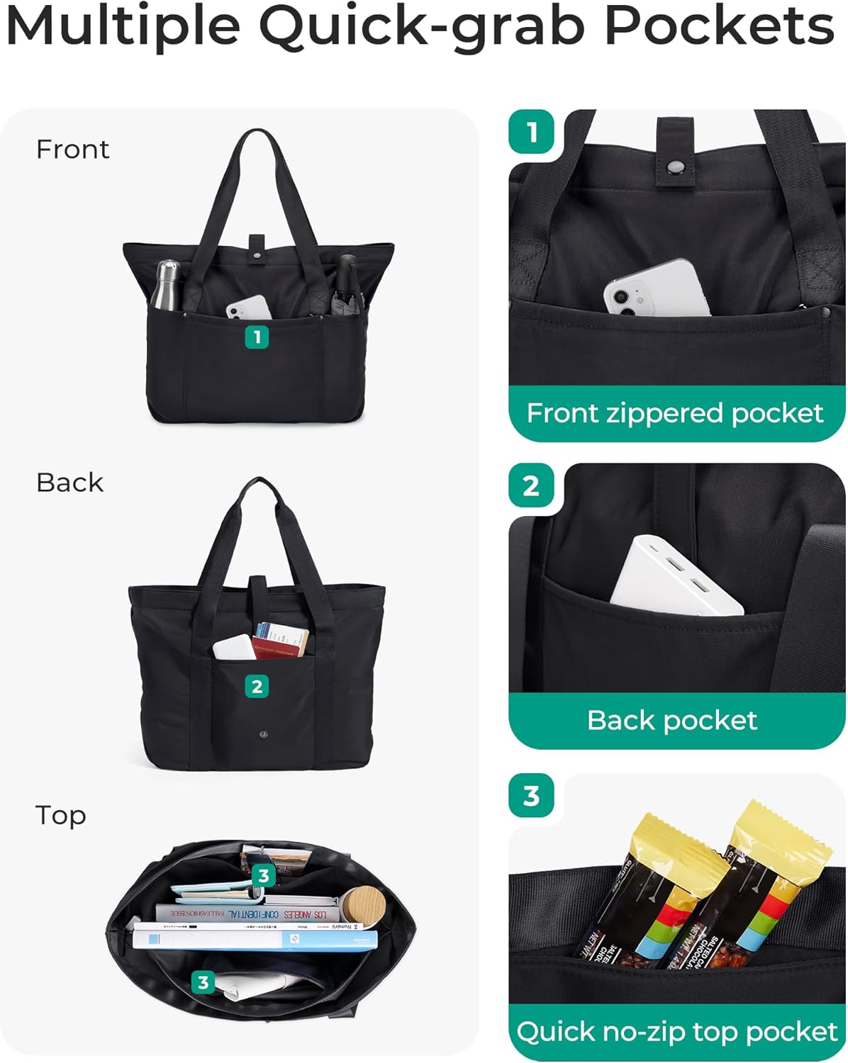 BAGSMART Tote Bag for Women, Foldable Tote Bag With Zipper Travel Large Shoulder Bag Handbag for