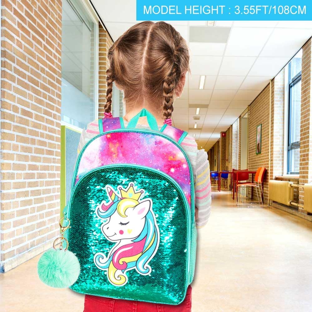 3PCS Unicorn Backpack for Girls, 16" Sequins Kids Bookbag with Lunch Box, School Bags for Elementary Preschool Kindergarten - Green