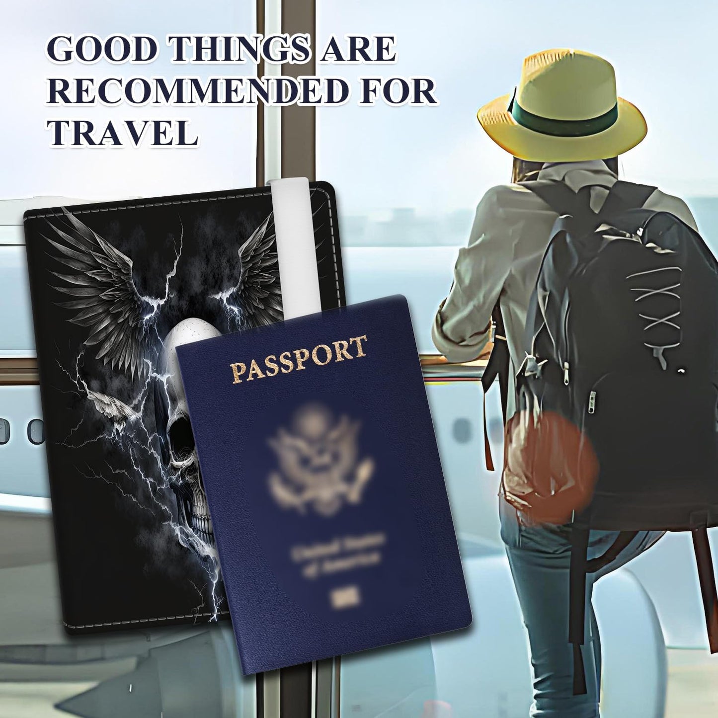 Passport Holder for Travel Essentials, RFID Premium Leather Passport Wallet Cover Case for Travel Must Haves Accessories, Passport Book Holders for Women Men Cool Black Skull