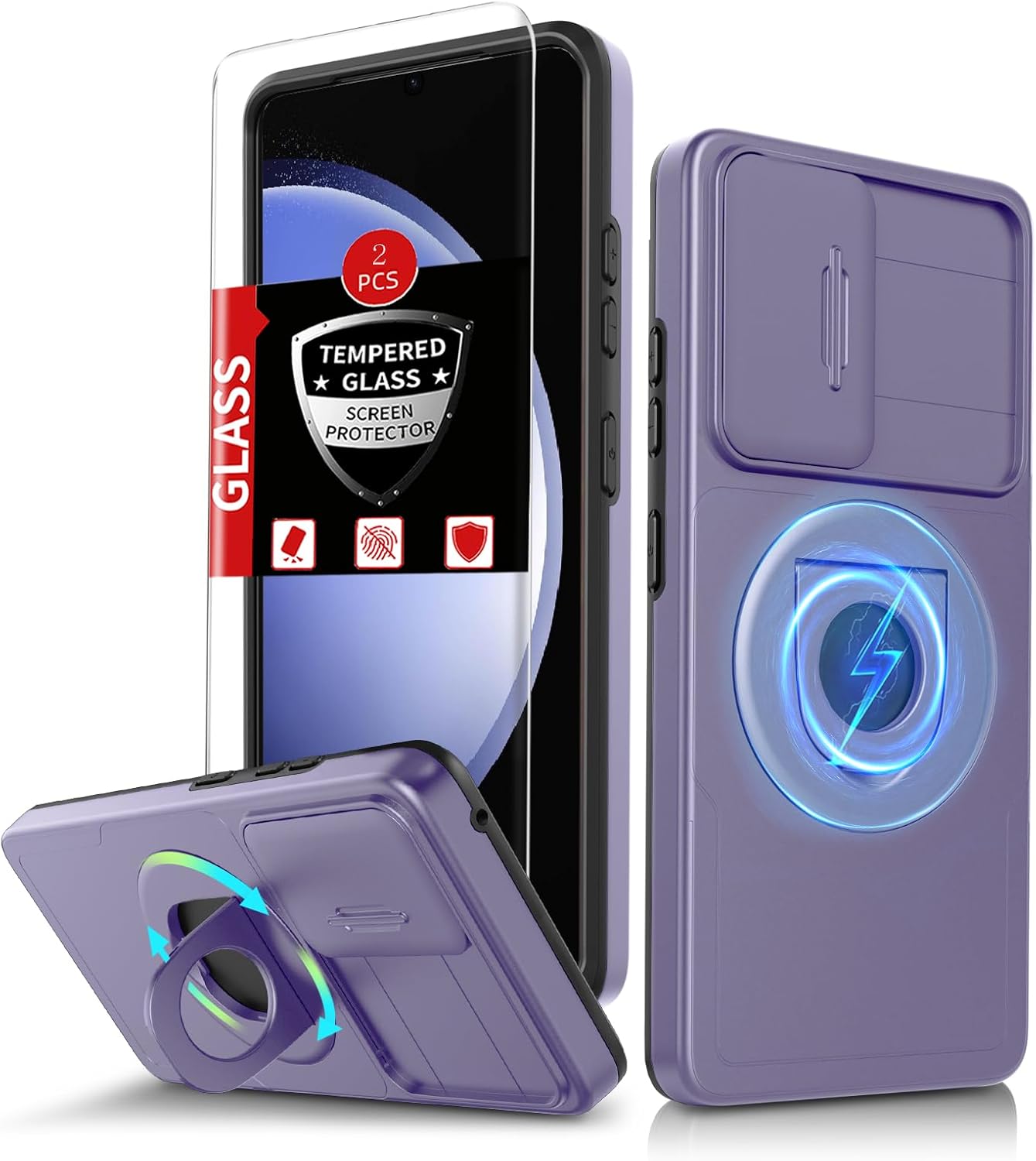 for Samsung Galaxy S23FE Case Magnetic Compatible with MagSafe Wireless Charging,with 2 Screen Protectors,Built-in Stand Ring+Camera Cover Anti-Scratch Shockproof Heavy Duty Protection Purple