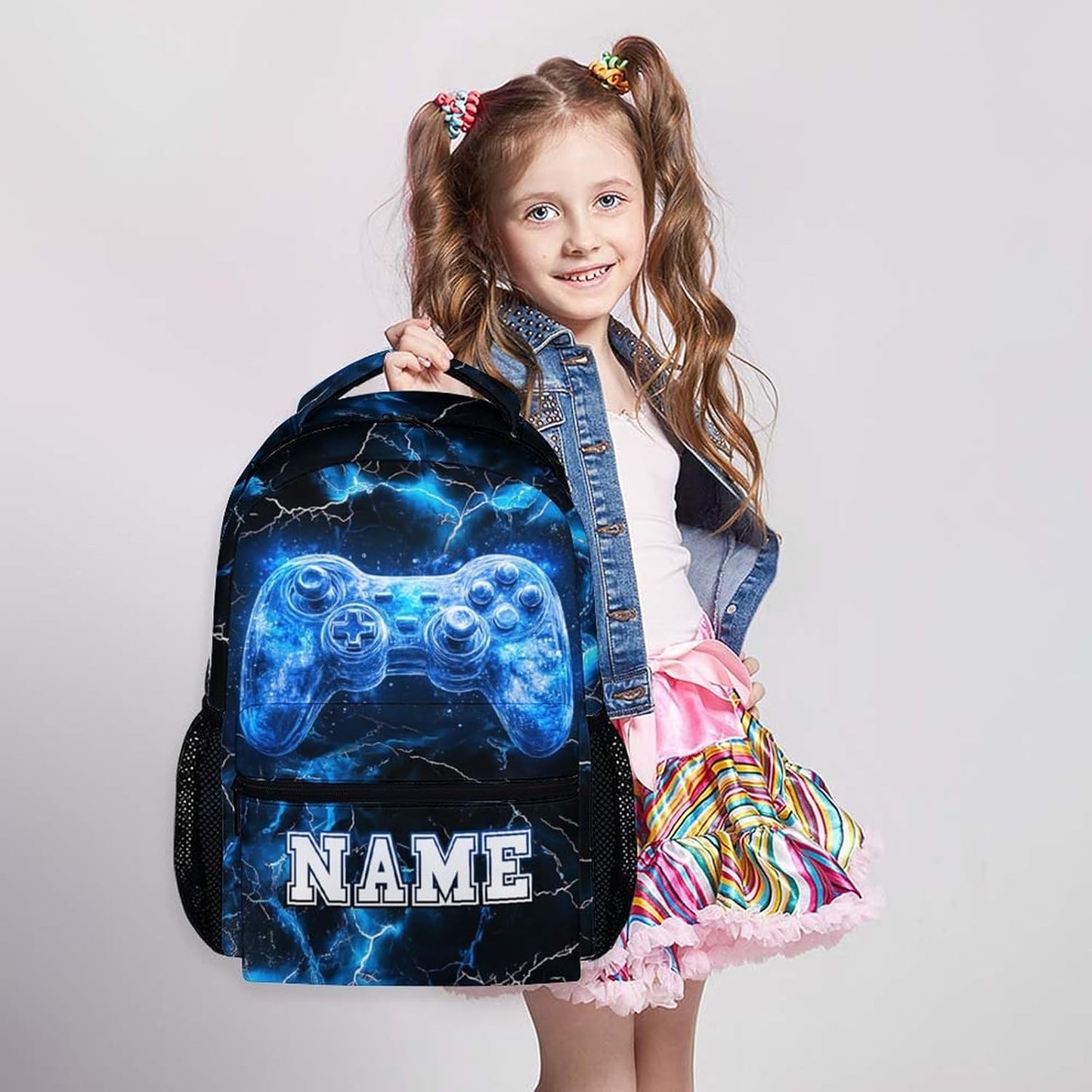 Kids Backpack, Custom Gamer Bookbag, 17 Inches Blue Boys Utility Schoolbag for Teen Boys 6-8, Cool
