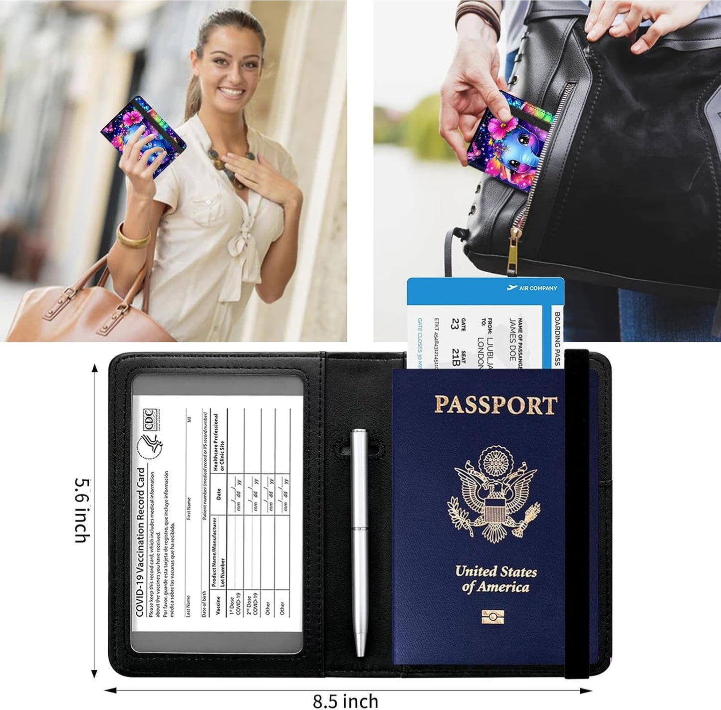 Passport and Vaccine Card Holder Cover Combo,Travel Passport Holder Wallet with RFID Blocking, Leather Vaccine Card Slot Passport Cover Case for Women & Men,Cute Cartoon Baby Elephant