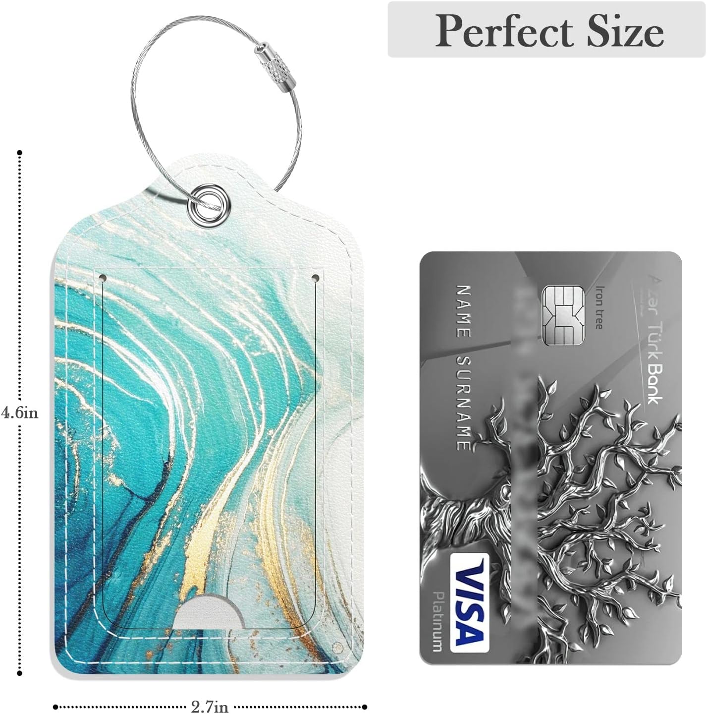 Luggage Tags for Suitcase, 2 Pack PU Leather Travel Cruise Luggage Tag with Privacy Flap, Name ID Label and Metal Loop for Women Men Suitcase Baggage Bag Backpack Instrument, Teal Gold Ocean