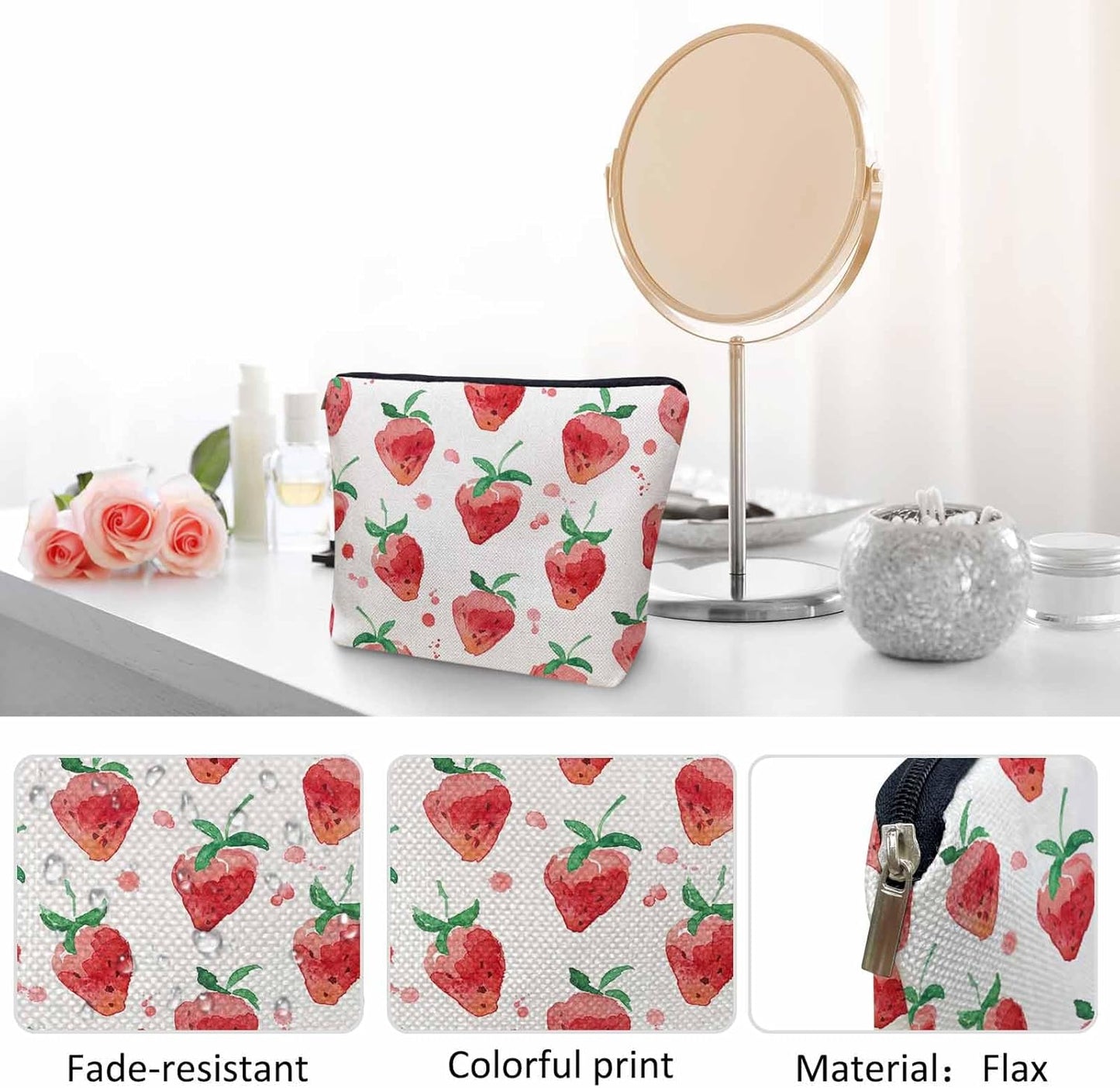 Strawberry Cosmetic Travel Bag For Toiletries, Summer Fruits Strawberry Red Makeup Bag Toiletry Bags For Women, Flax Cosmetic Bags Make Up Bag Purse Toiletries Bag Birthday Gift