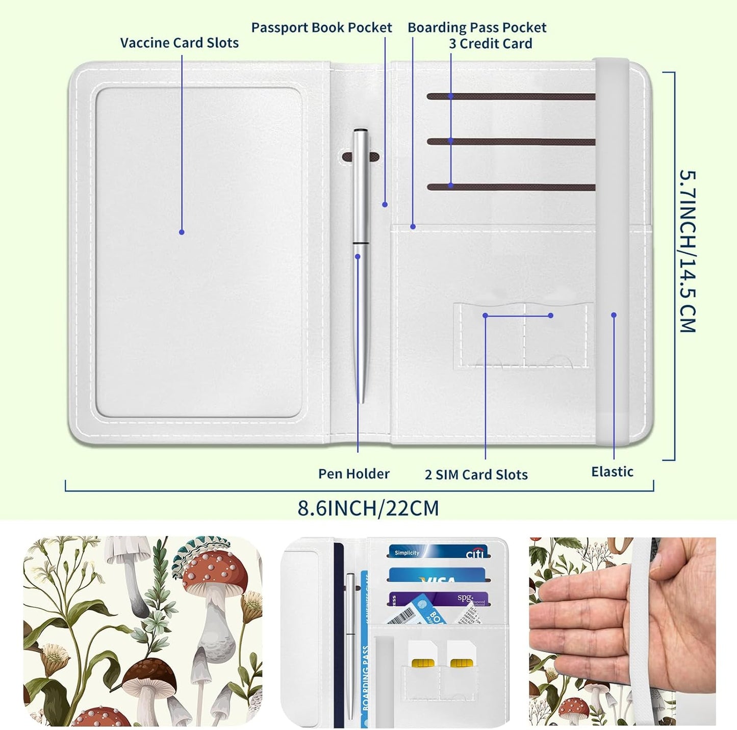 Passport Holder for Travel Essentials, Leather RFID Blocking Passport Wallet Cover Case, Cute Passport Book Holders for Women and Men Boho White Mushrooms