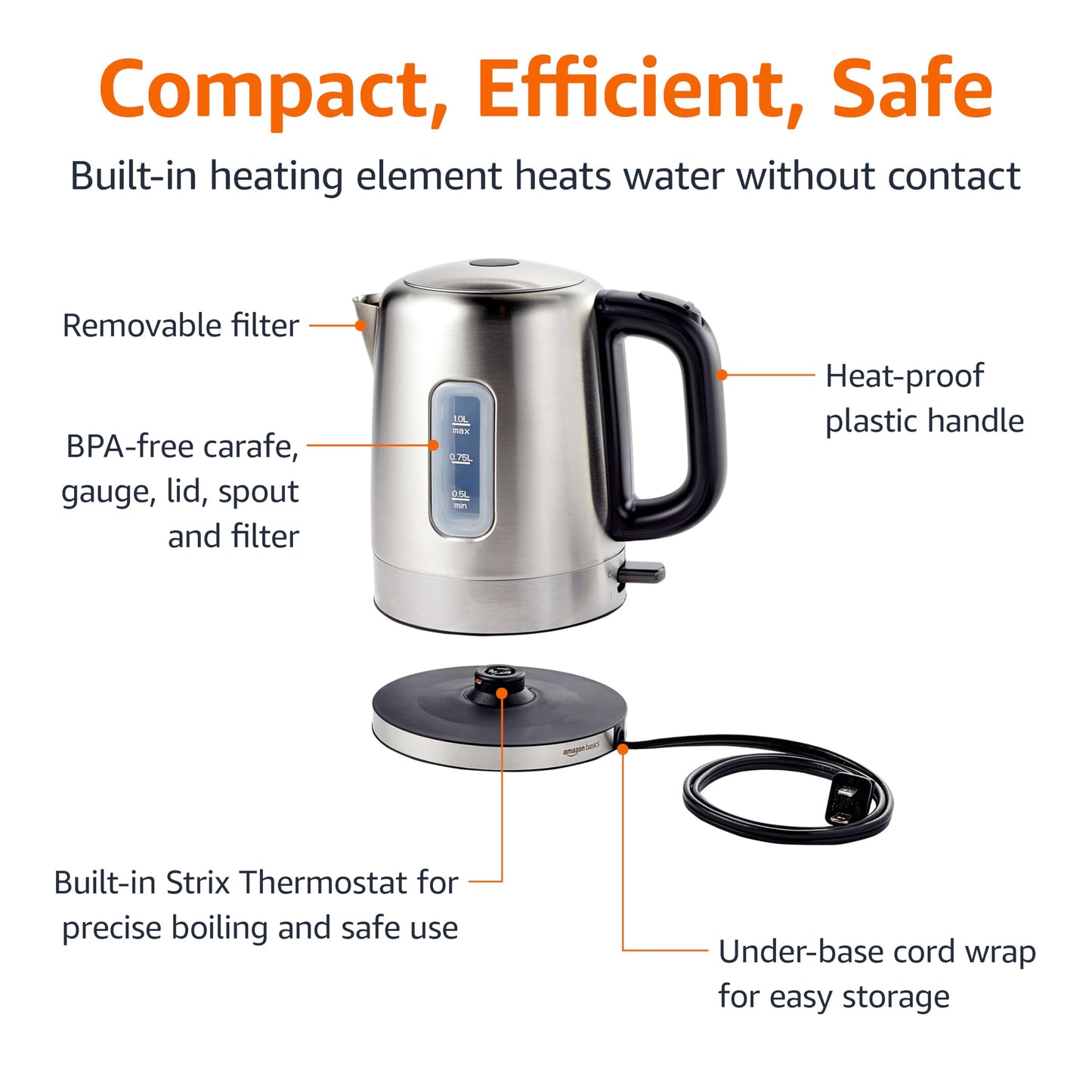 Amazon Basics Electric Stainless Steel Kettle for Tea and Coffee, BPA-Free, Fast Boiling, Auto