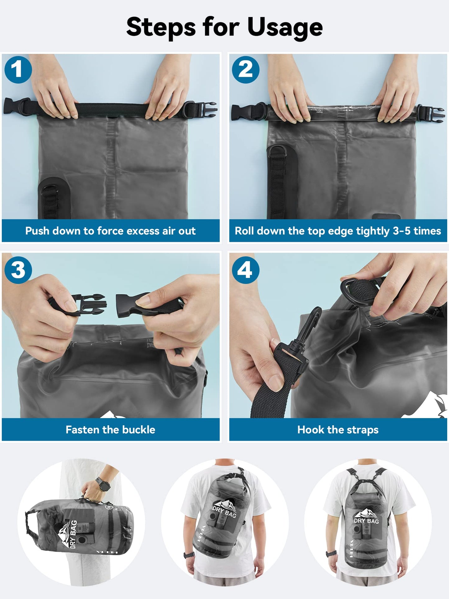 HEETA Dry Bag Waterproof for Women Men, Roll Top Lightweight Dry Storage Bag Backpack with Phone