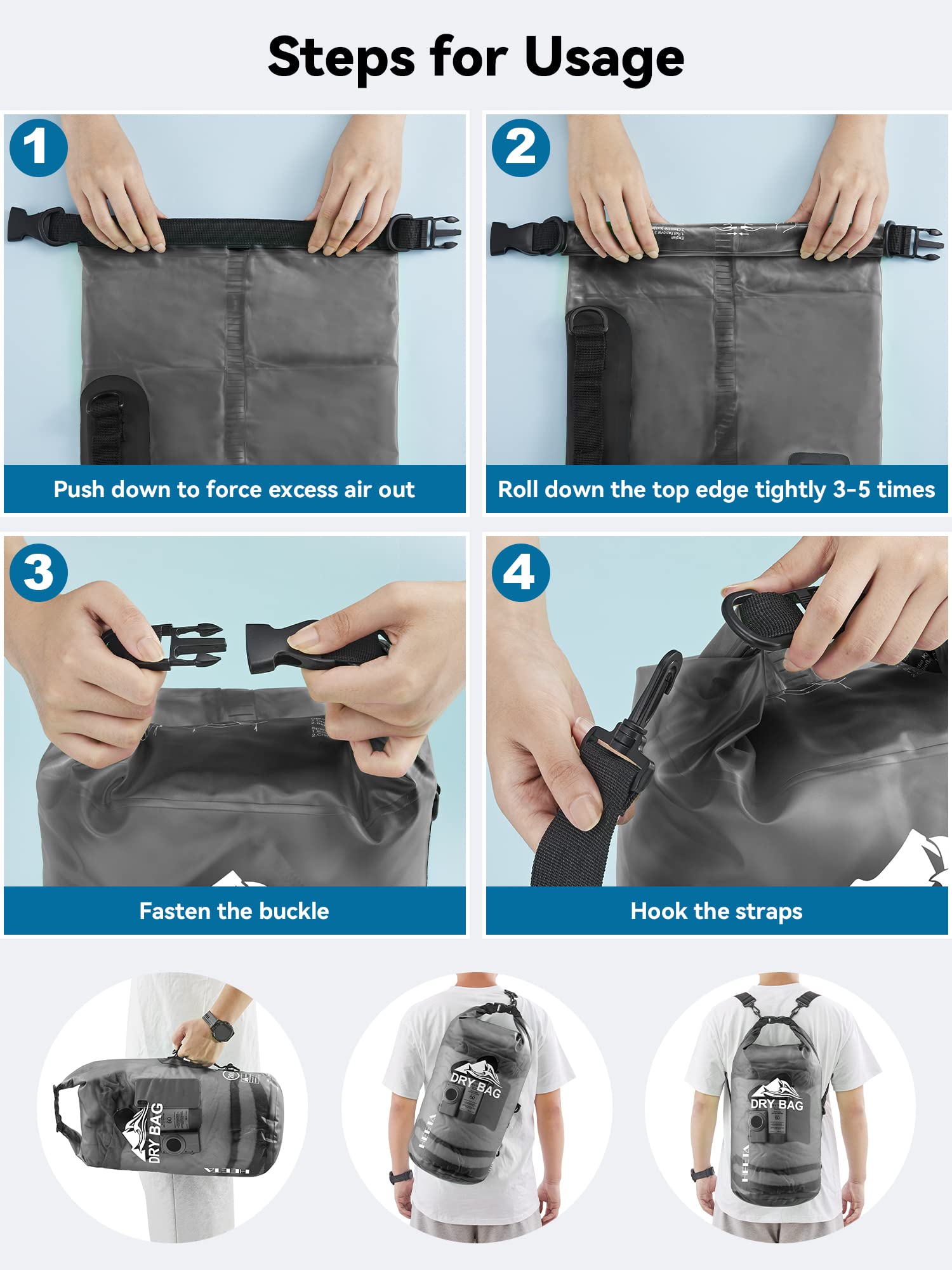 HEETA Dry Bag Waterproof for Women Men, Roll Top Lightweight Dry Storage Bag Backpack with Phone