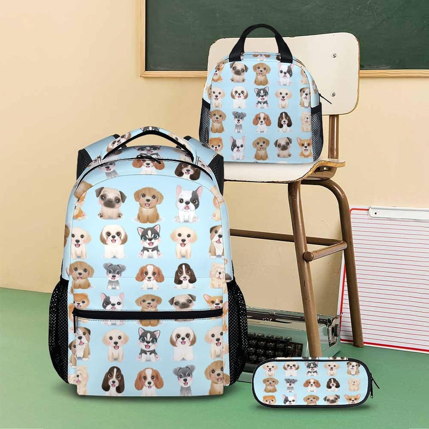 Dog Backpack with Lunch Box, Set of 3 School Backpacks Matching Combo, Cute Blue Bookbag and Pencil Case Bundle
