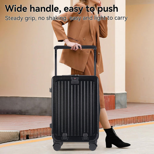 SOKOK Front Pocket Luggage with Spinner Wheels, 24'' Wide Handle Travel Suitcase PC Hardshell Multifunctional Luggage with Charging Port and Cup Holder, Black